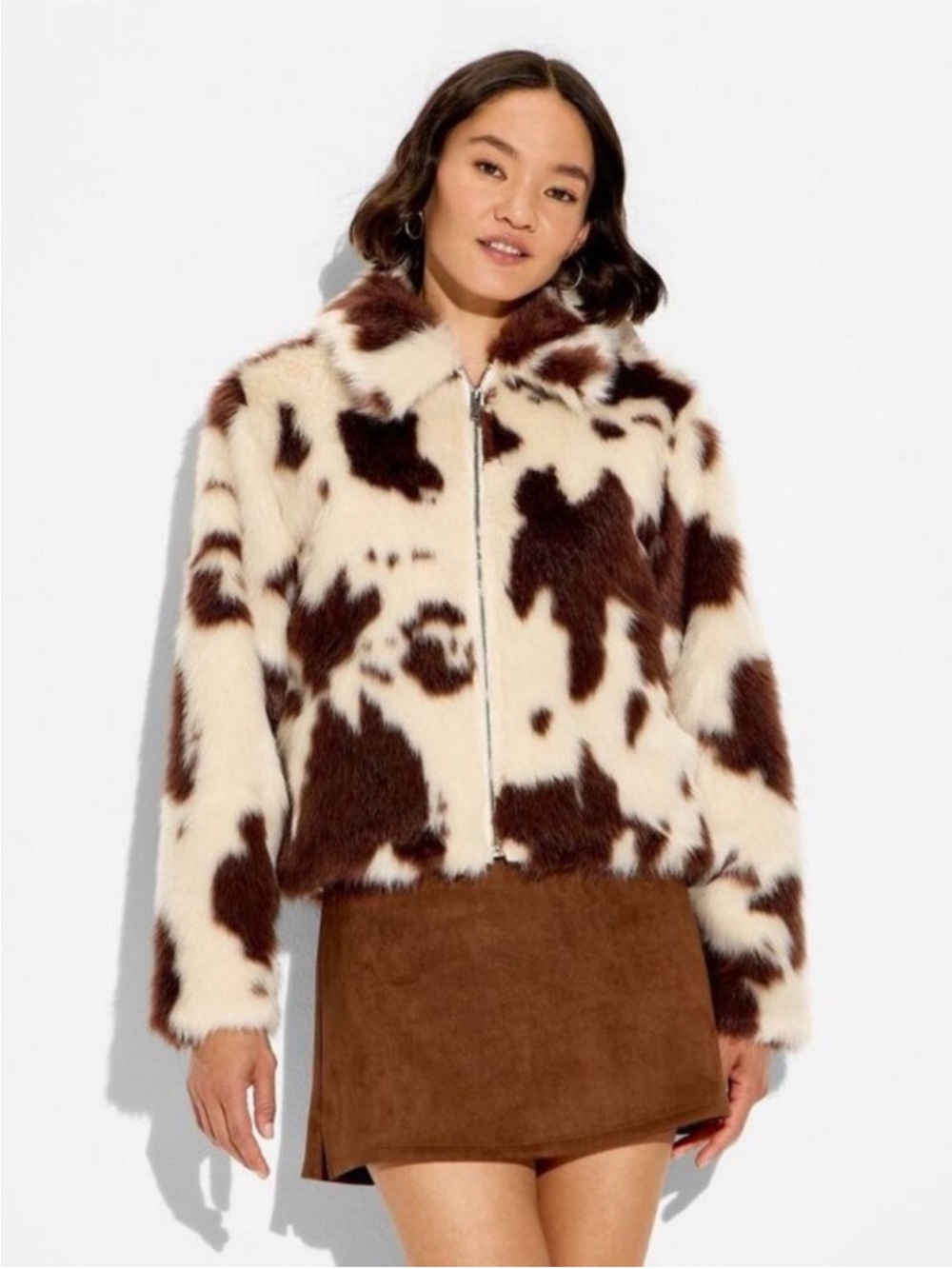 Wild Fable Women’s Faux Fur Jacket - Brown Cow Print Size XXL NWT - Picture 2 of 8